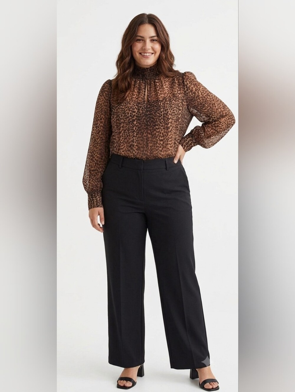 14 H&M Brown Leopard Print Long Sleeve Sheer Plus Size Blouse